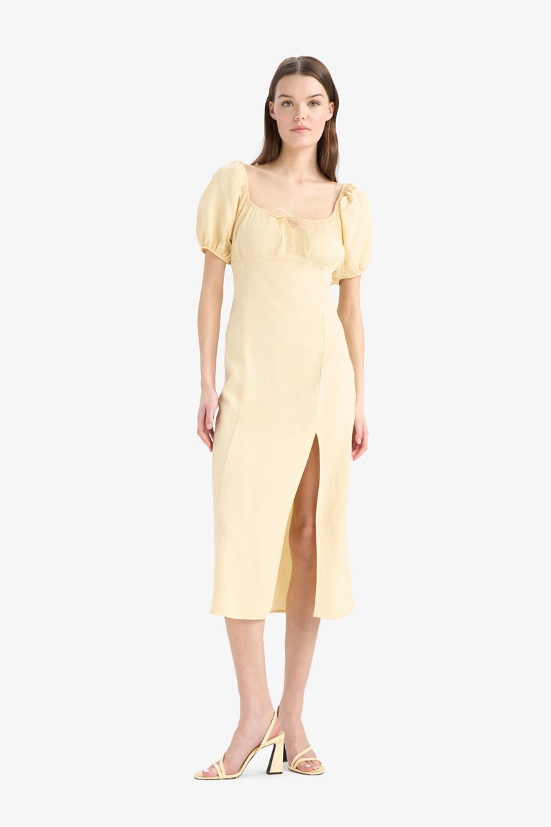 DeFacto Yellow Woman A Cut V Neck Linen Blend Short Sleeve Midi Dress Casual - Image 4
